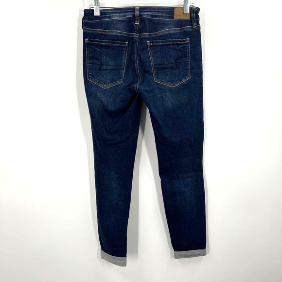 American Eagle Jeggings Dark Wash Distressed Fringe Cuff Hem Women's 8 R - Picture 2 of 10